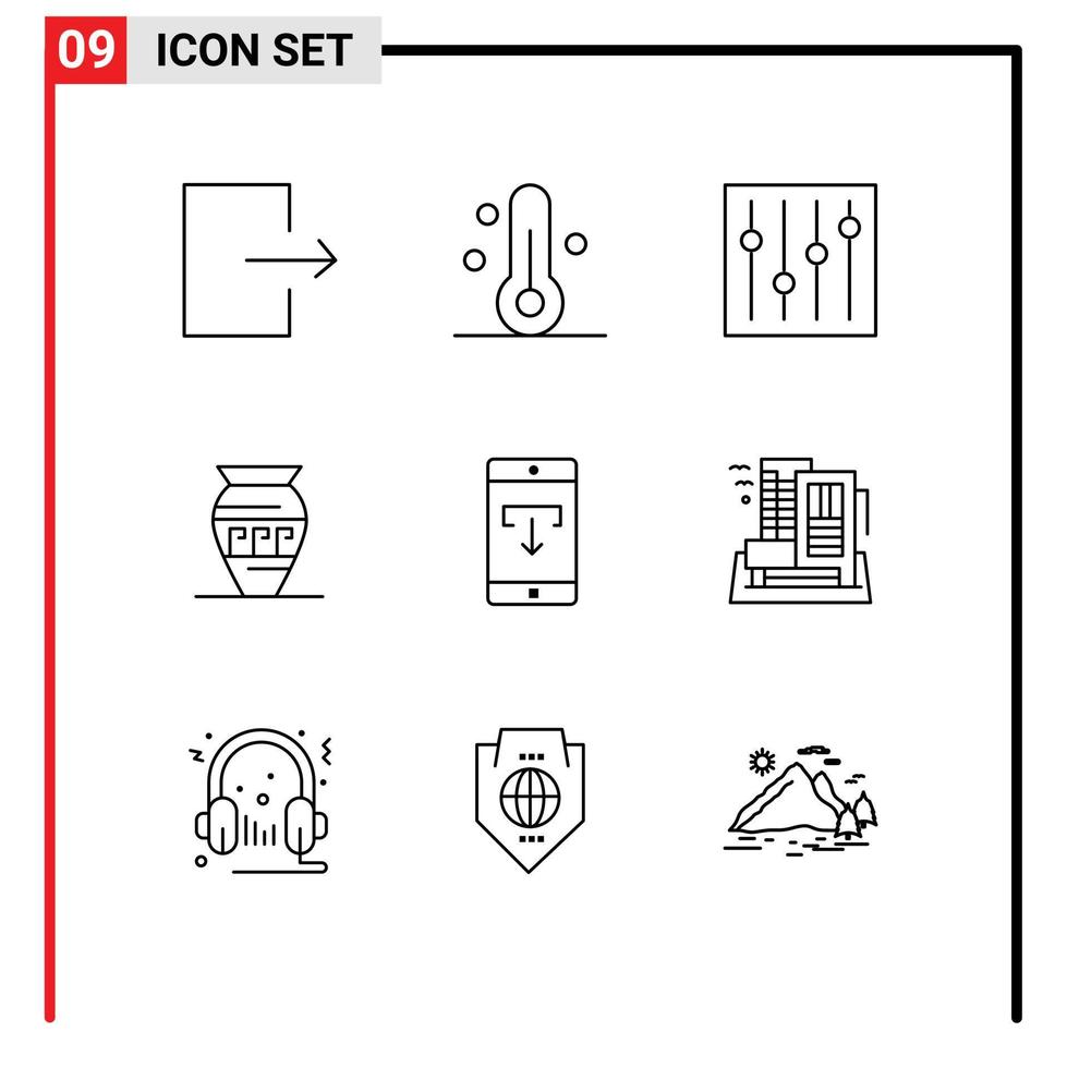 Mobile Interface Outline Set of 9 Pictograms of download application options greece emoji Editable Vector Design Elements