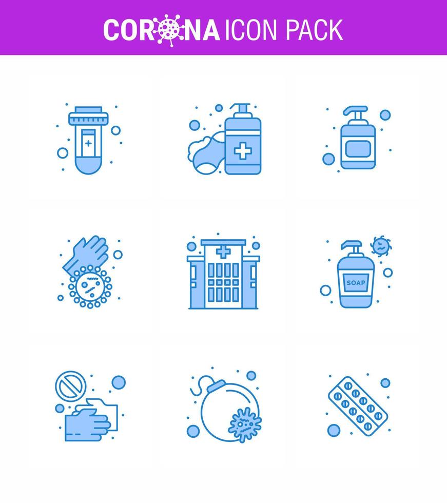 9 Blue viral Virus corona icon pack such as hospital building lotion virus dirty hands viral coronavirus 2019nov disease Vector Design Elements