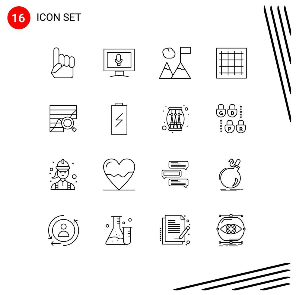 Pack of 16 Modern Outlines Signs and Symbols for Web Print Media such as analytics analysis flag software drawing Editable Vector Design Elements