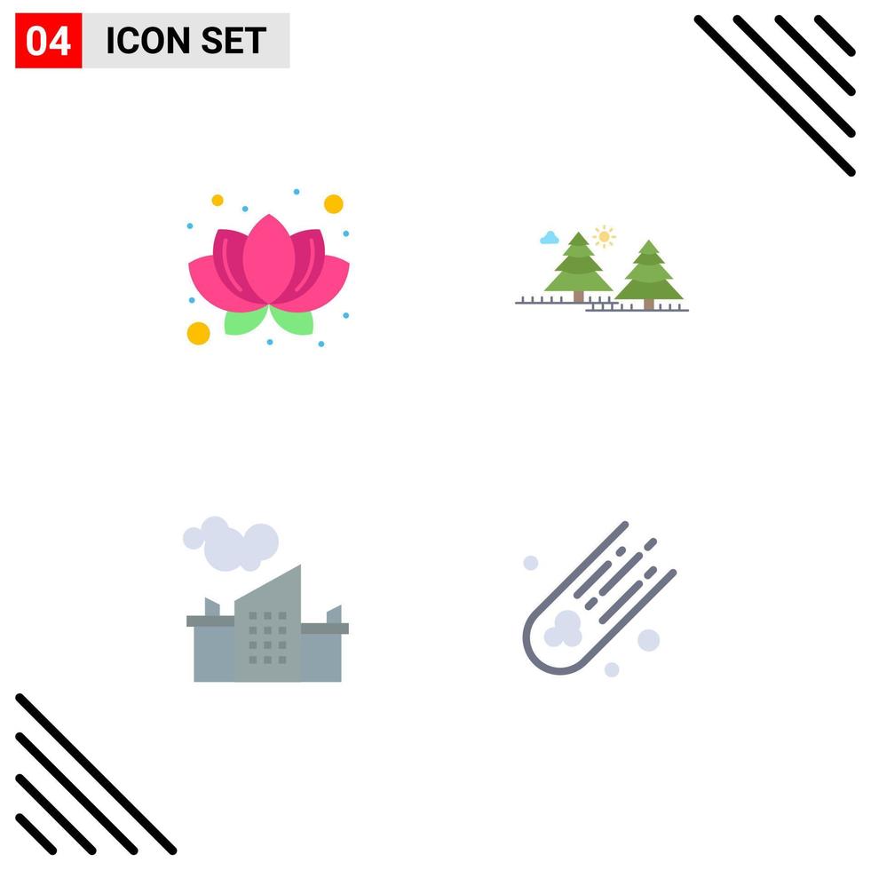 Modern Set of 4 Flat Icons Pictograph of lotus industry forest tree pollution Editable Vector Design Elements