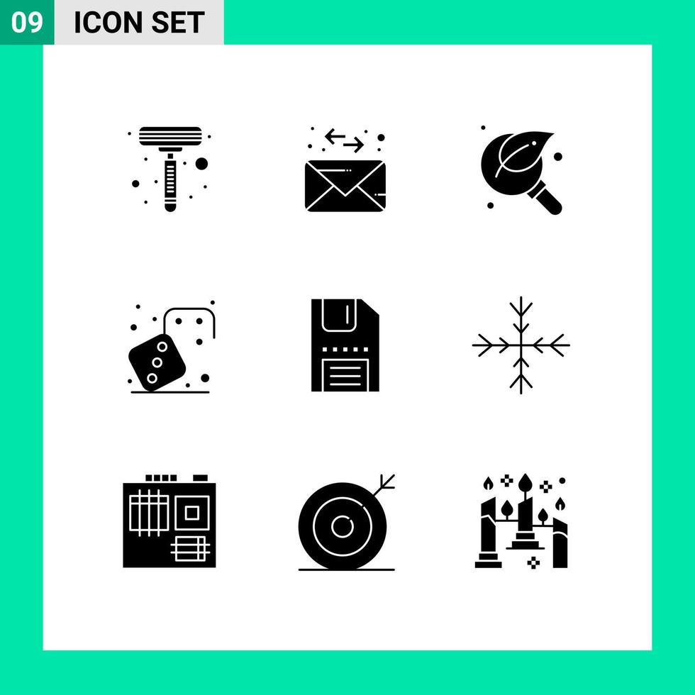 Group of 9 Solid Glyphs Signs and Symbols for floppy disc leaf play dices Editable Vector Design Elements