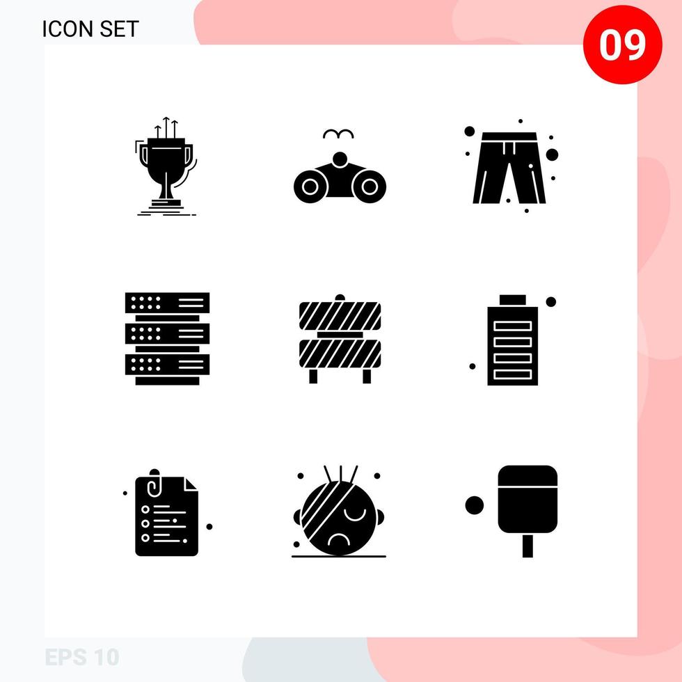 Modern Set of 9 Solid Glyphs and symbols such as barrier storage vacation rack player dress Editable Vector Design Elements