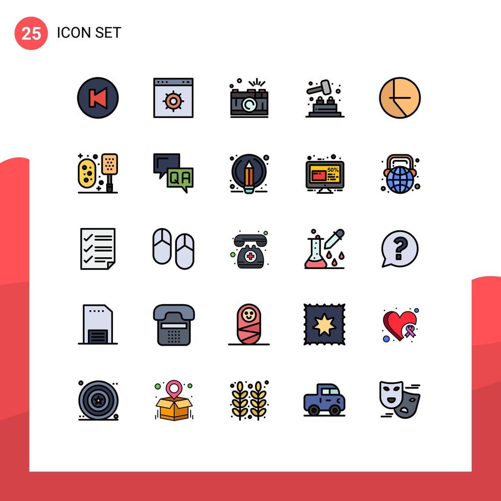25 símbolos de signos de color plano de línea rellena universal de fotografía de gráfico circular jugar golpear un topo elementos de diseño vectorial editables vector
