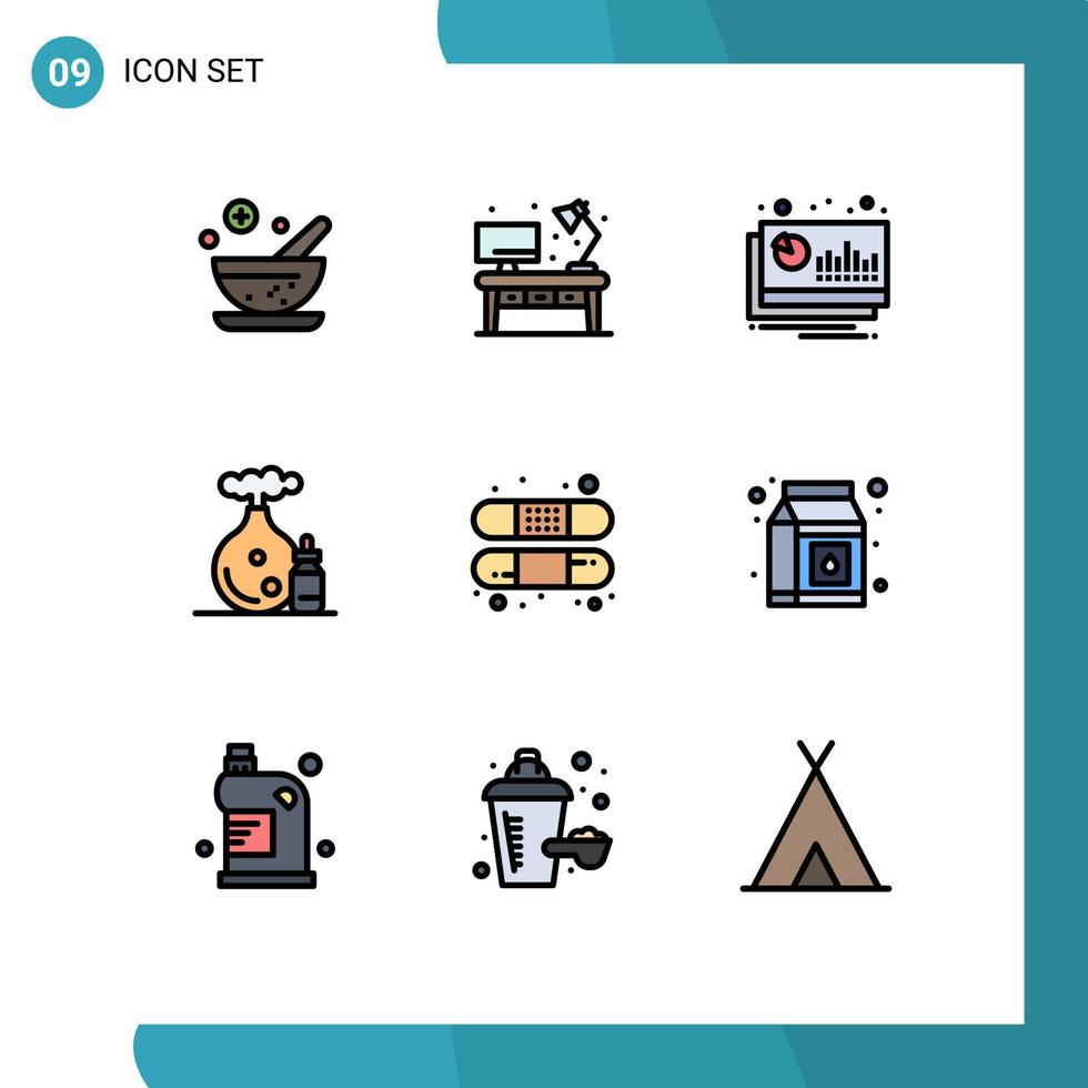 Pack of 9 Modern Filledline Flat Colors Signs and Symbols for Web Print Media such as band spa chart bottle aroma Editable Vector Design Elements