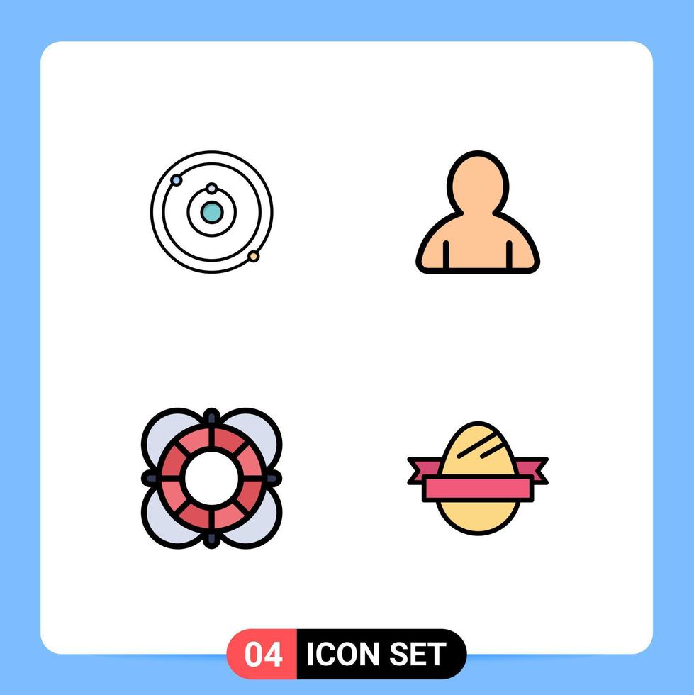 grupo de 4 signos y símbolos de colores planos de línea rellena para el aprendizaje de salvavidas de astronomía, soporte de usuario, elementos de diseño de vectores editables