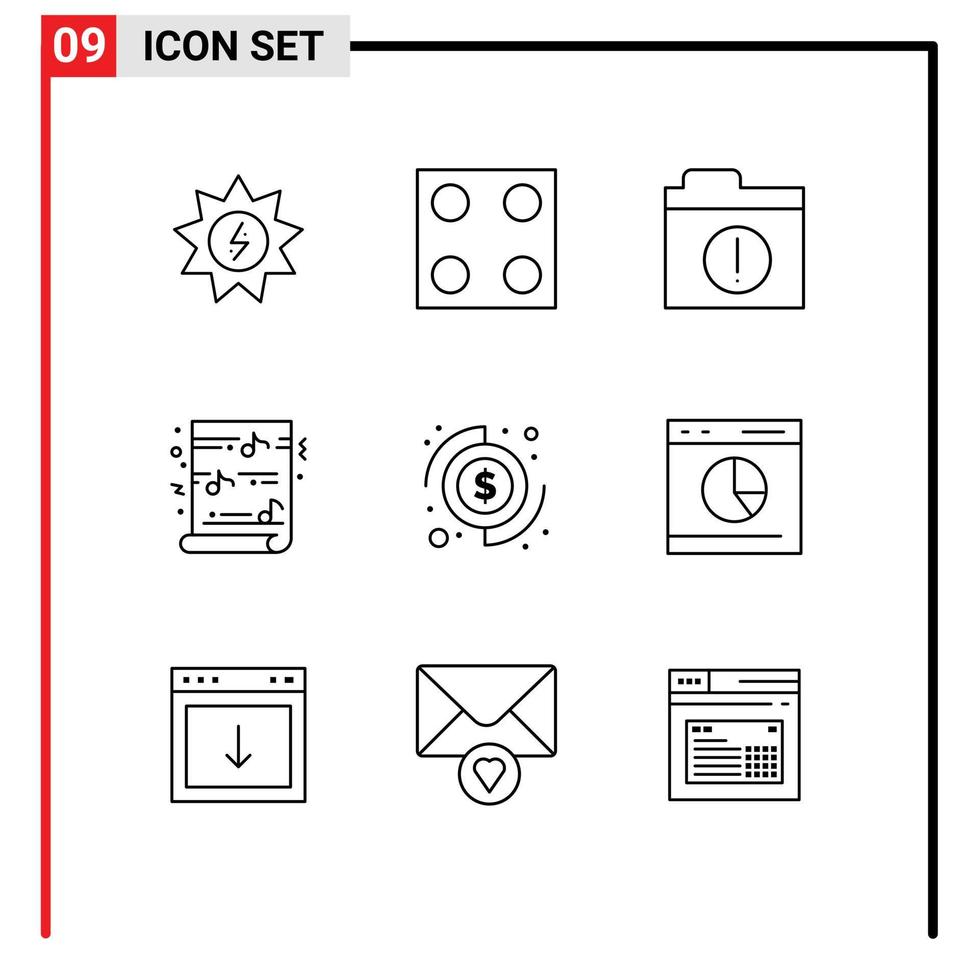 Group of 9 Modern Outlines Set for money coins files budget music Editable Vector Design Elements