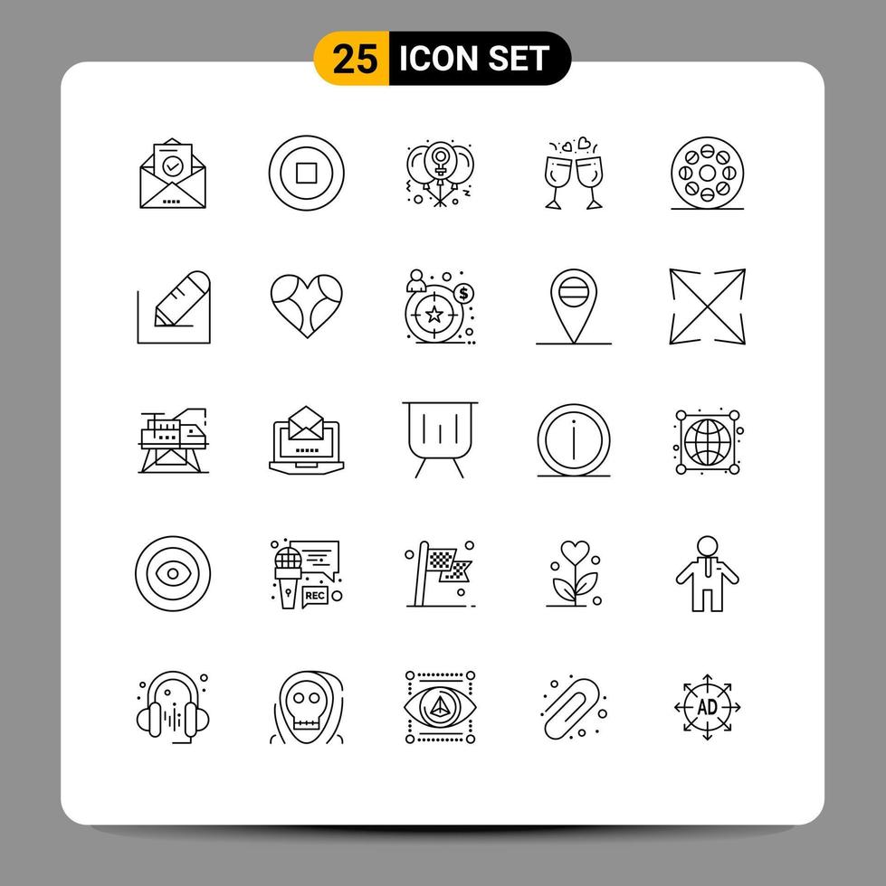 25 Thematic Vector Lines and Editable Symbols of movie wedding day drink glass Editable Vector Design Elements
