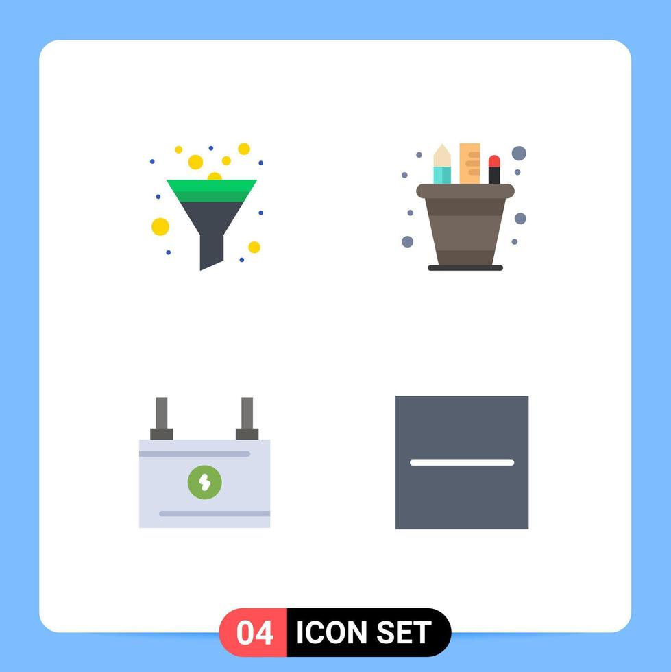 Modern Set of 4 Flat Icons and symbols such as filter battery business pencil pot power Editable Vector Design Elements