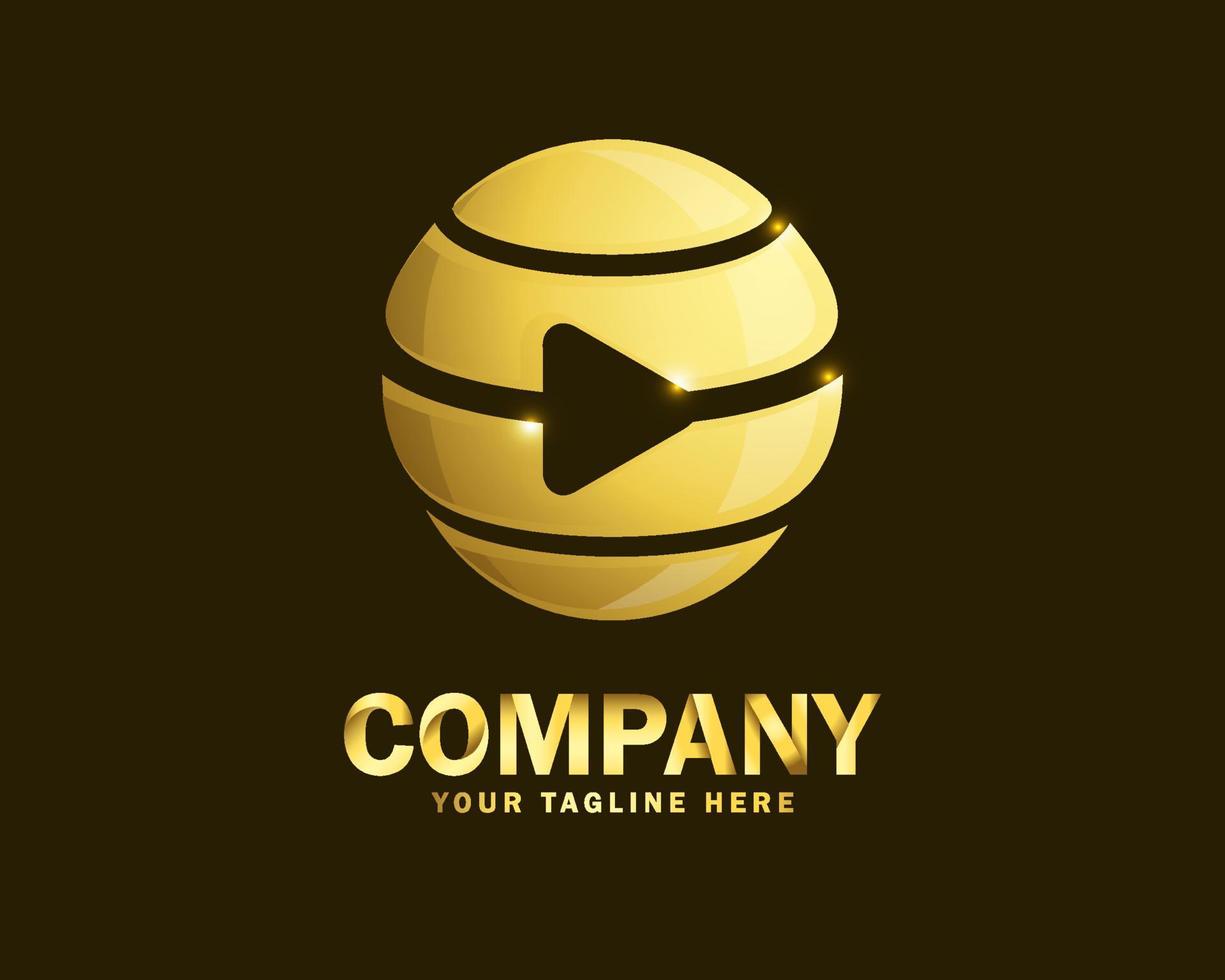 luxury gold globe play logo design template vector