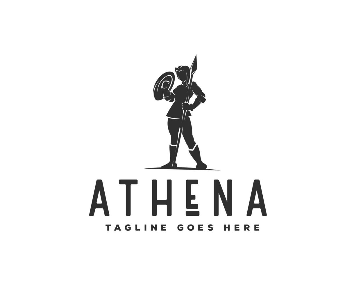 Premium Silhouette of Athena the goddess with shield and spear, the beauty Greek Roman Goddess Logo template vector