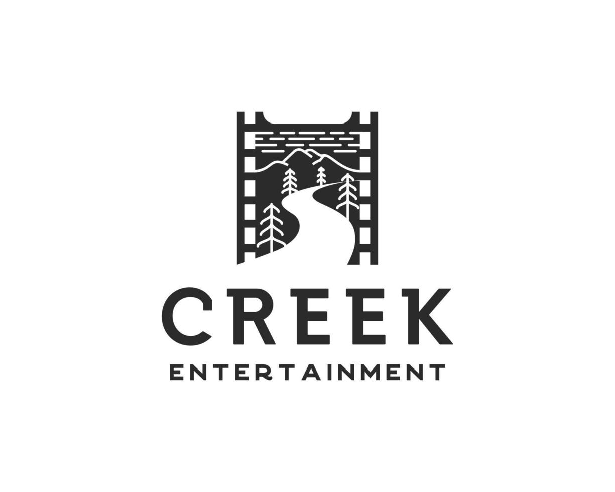 Creek entertainment logo. roll film with stream and mountains logo design template vector