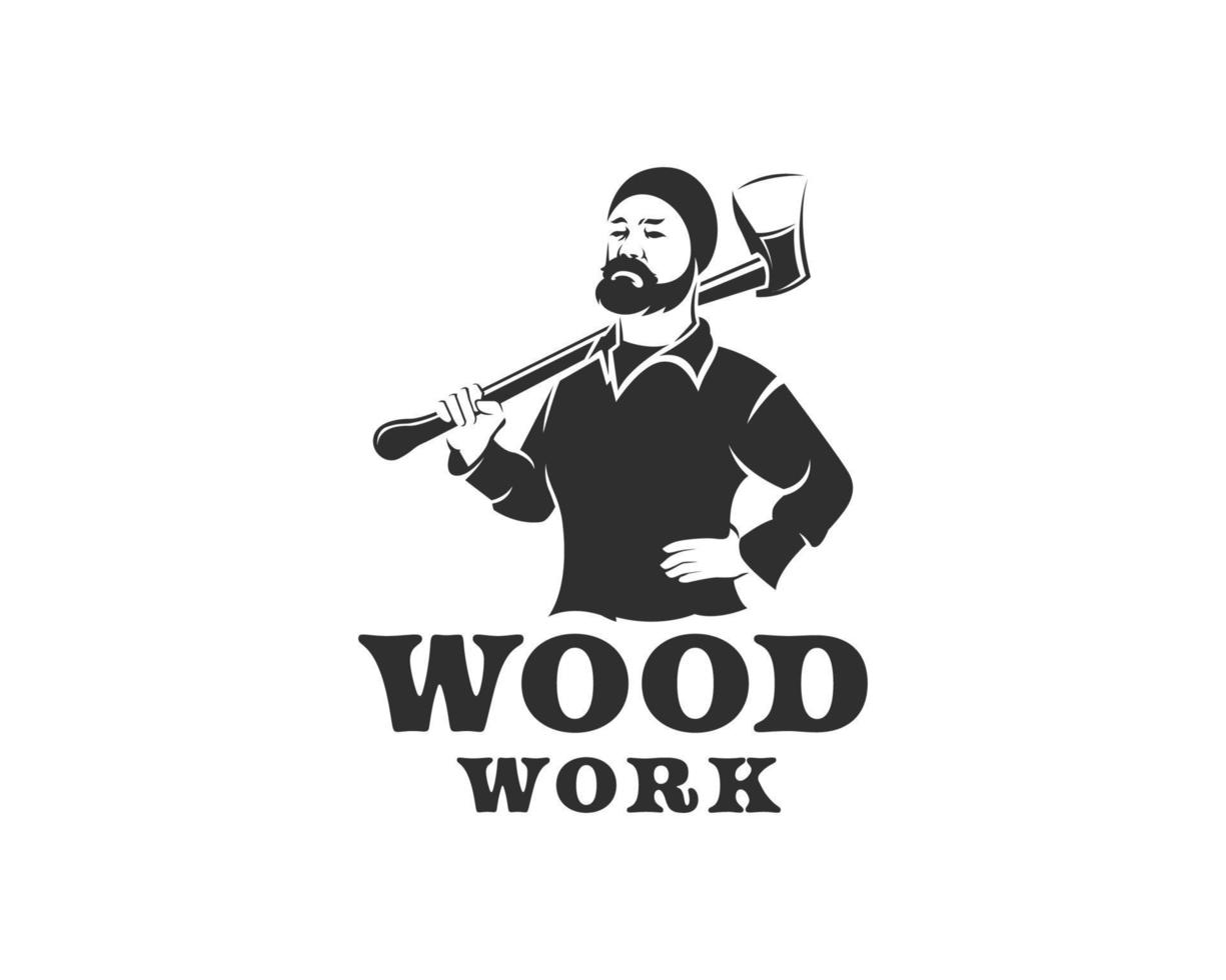 hombre con bigote sosteniendo el logo de la silueta del hacha. plantilla de diseño de logotipo de trabajo en madera o leñador vector