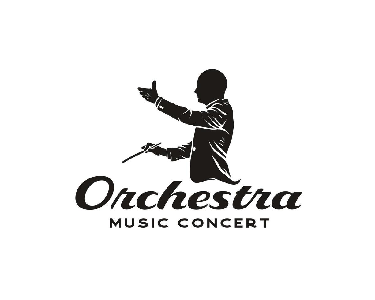 Music Logo, Man Silhouette With Stick Logo Design, Musical Arranged Mascot Logo. Conductor or Choirmaster vector illustration