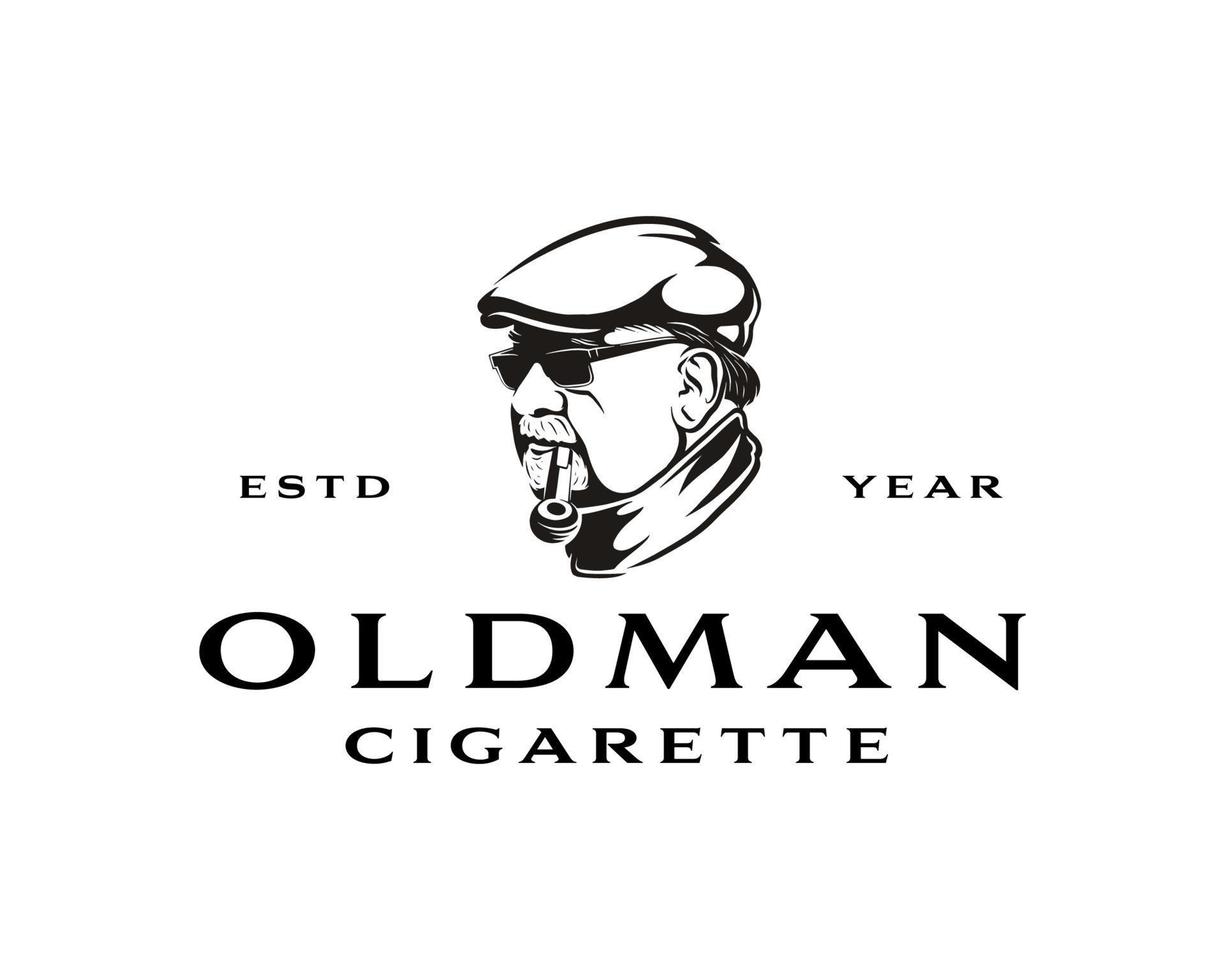 old man smoke cigarette with pipe. logo vintage. vector