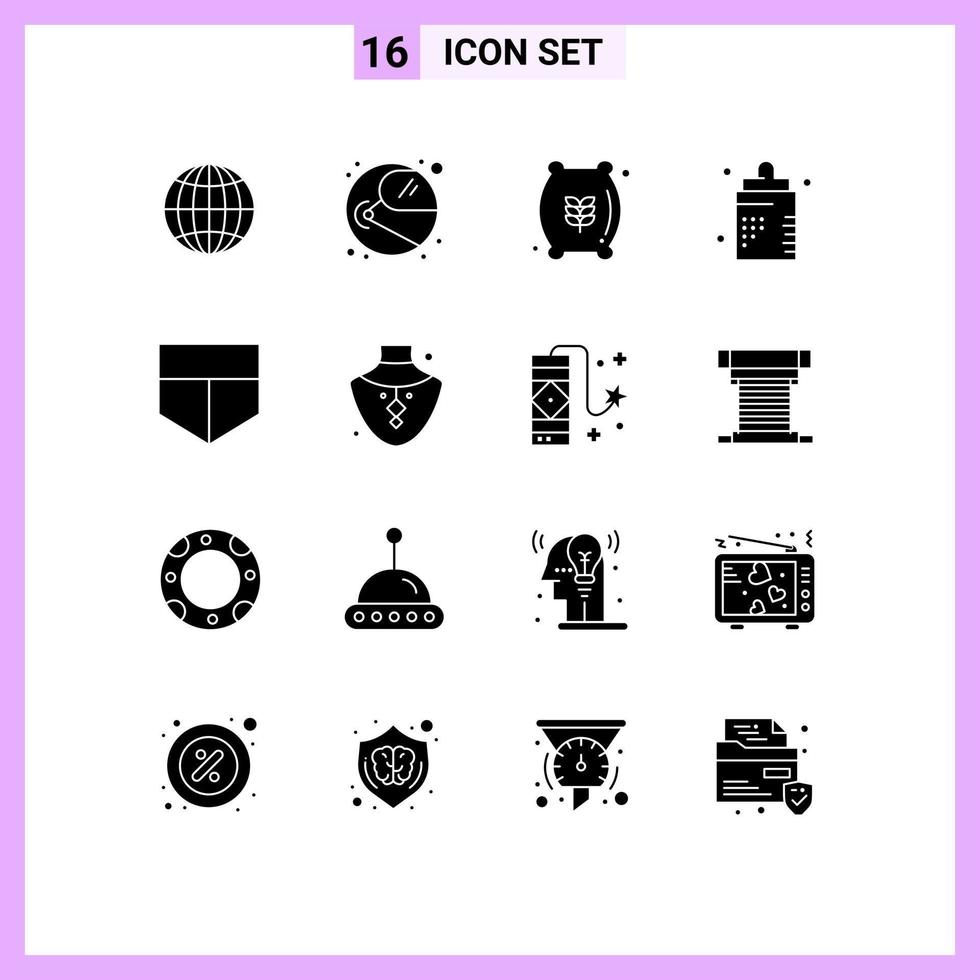 Set of 16 Vector Solid Glyphs on Grid for shield form flour bag fitness bottle Editable Vector Design Elements
