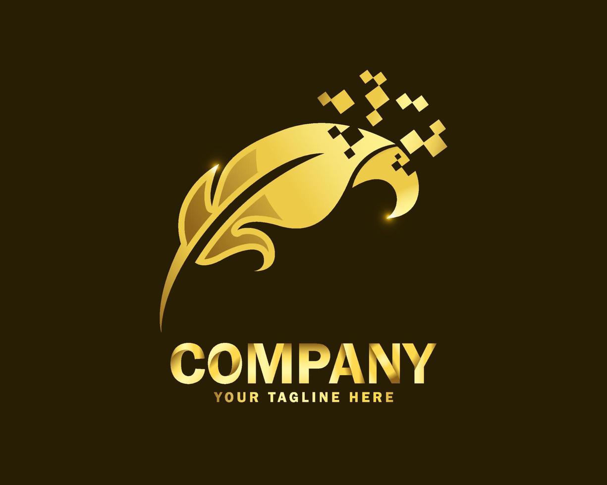 luxury gold digital feather logo design template vector