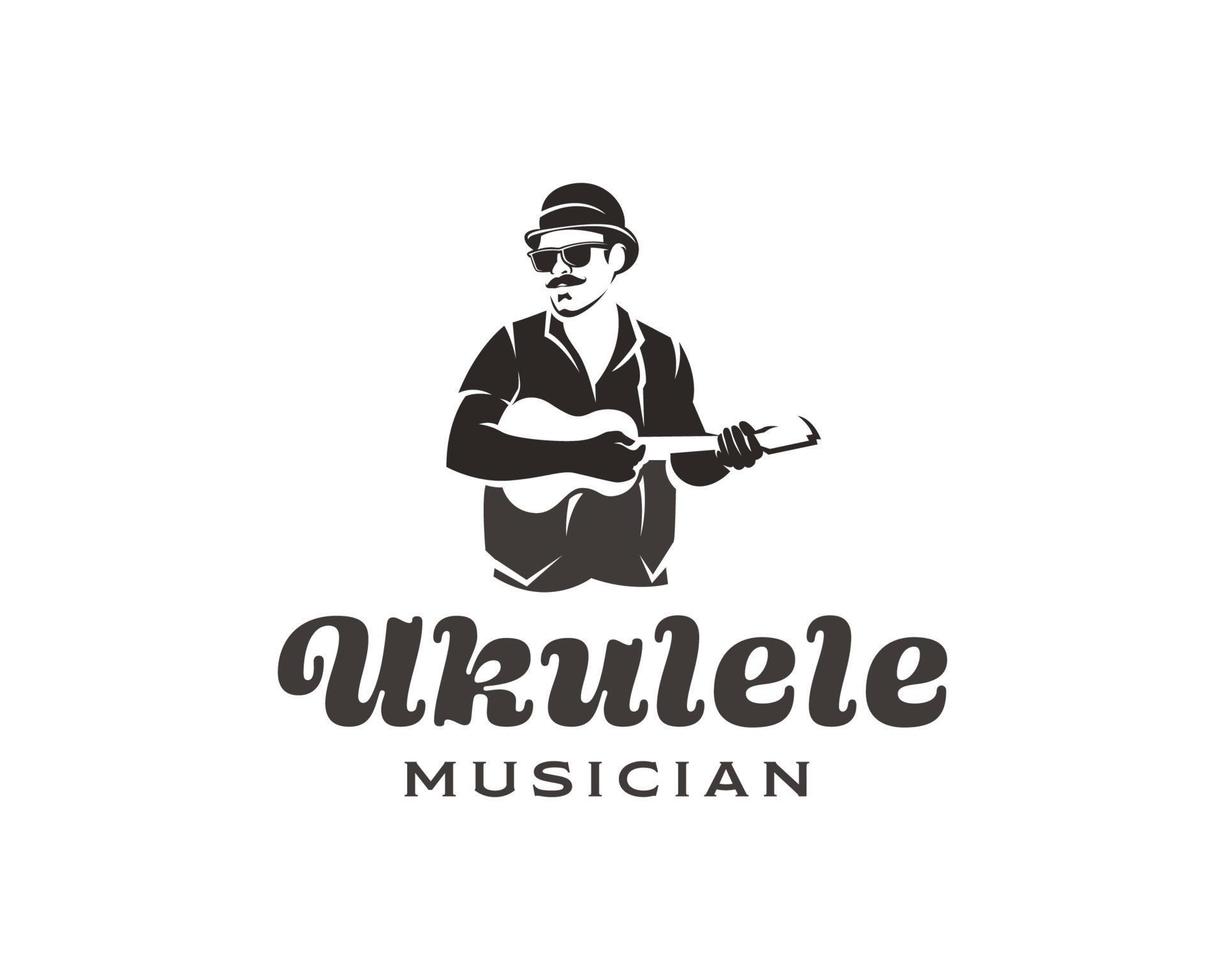 man with mustache and glasses playing small guitar logo. ukulele musician logo design template vector