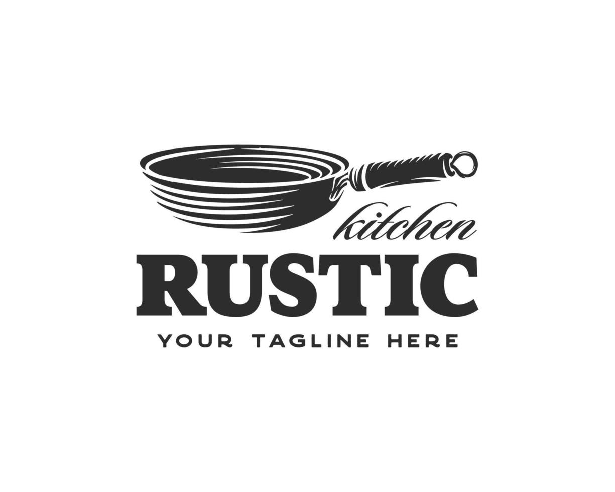 vintage retro rústico viejo sartén hierro fundido para comida tradicional plato cocina restaurante clásico diseño de logotipo de cocina vector