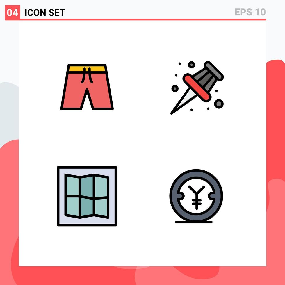 4 Thematic Vector Filledline Flat Colors and Editable Symbols of beach coin shorts school yen Editable Vector Design Elements