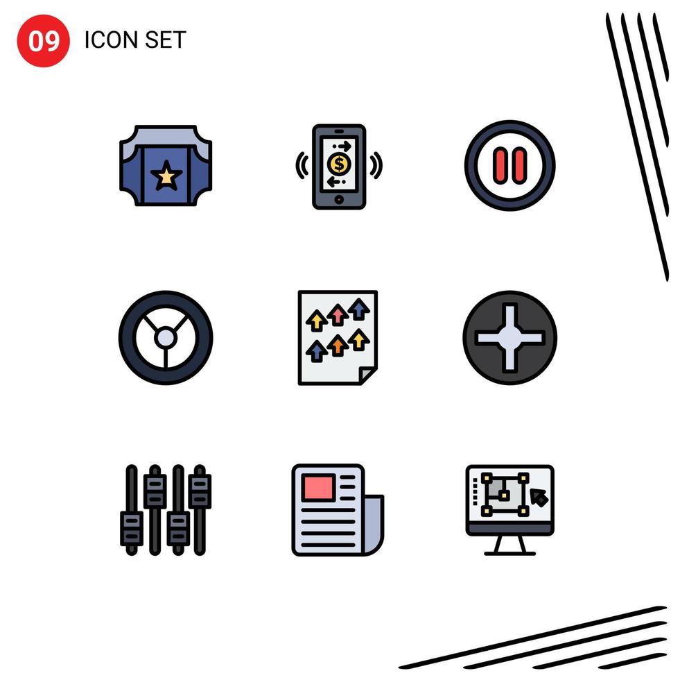 Pack of 9 Modern Filledline Flat Colors Signs and Symbols for Web Print Media such as cross paper pause page data Editable Vector Design Elements