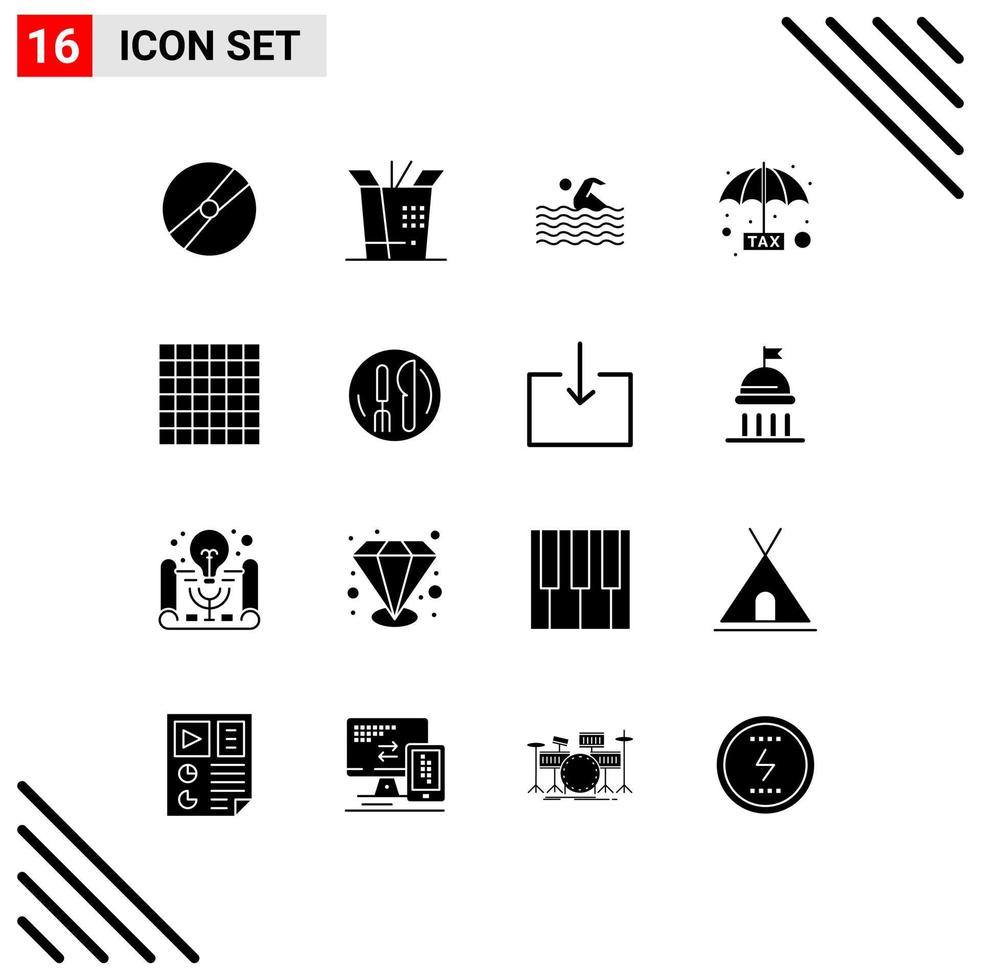 Group of 16 Modern Solid Glyphs Set for layout protection sport plan evasion Editable Vector Design Elements