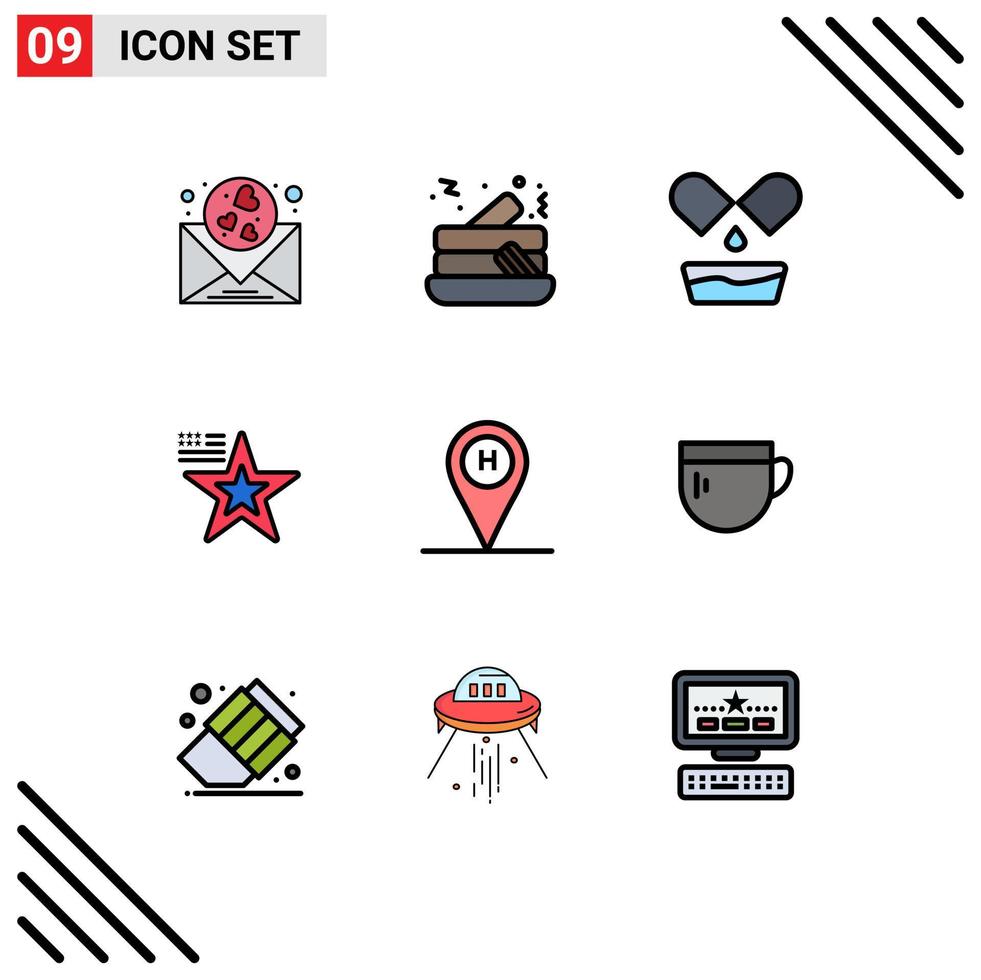 9 User Interface Filledline Flat Color Pack of modern Signs and Symbols of location beach house medical beach flag Editable Vector Design Elements