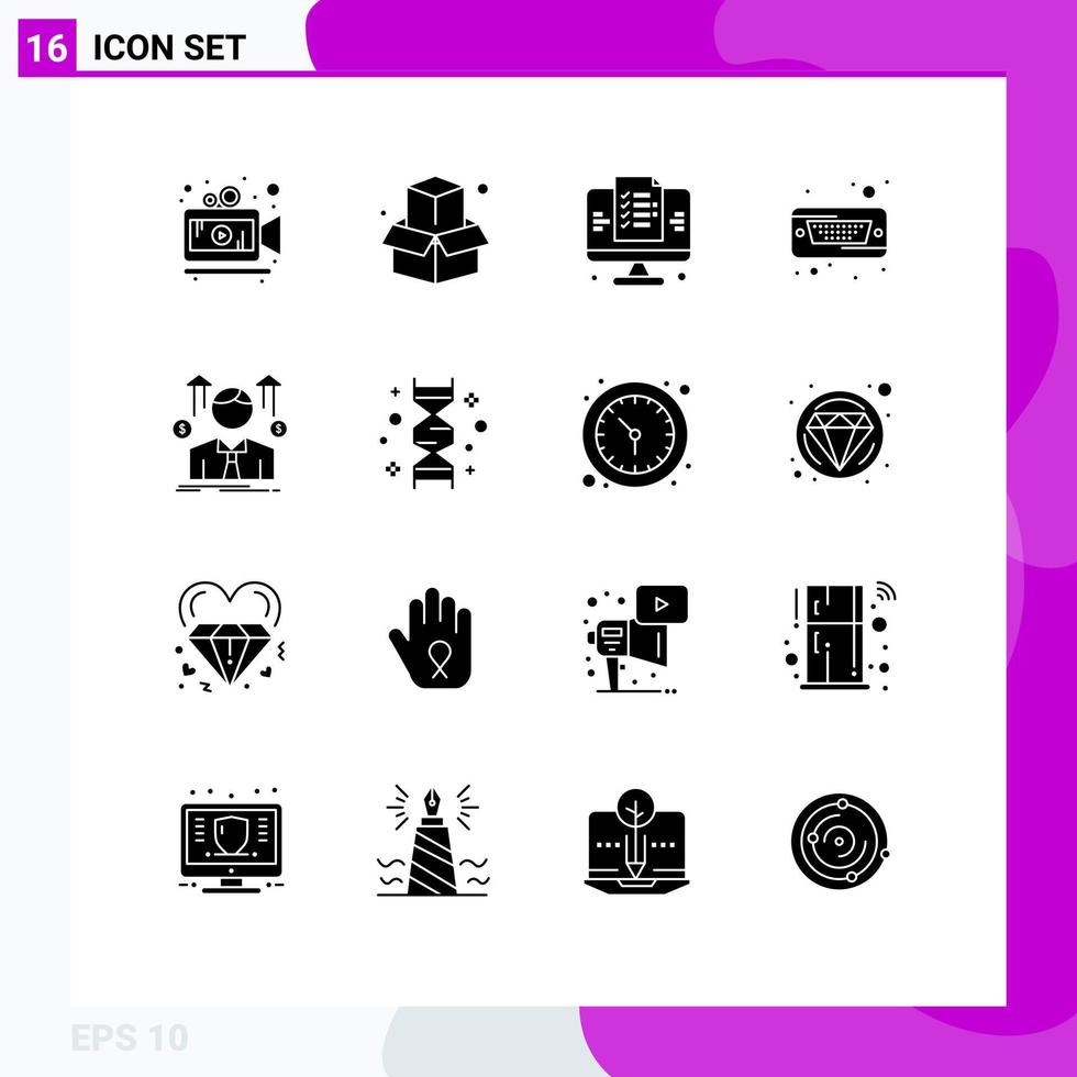 Modern Set of 16 Solid Glyphs Pictograph of employee man web business hard disk Editable Vector Design Elements