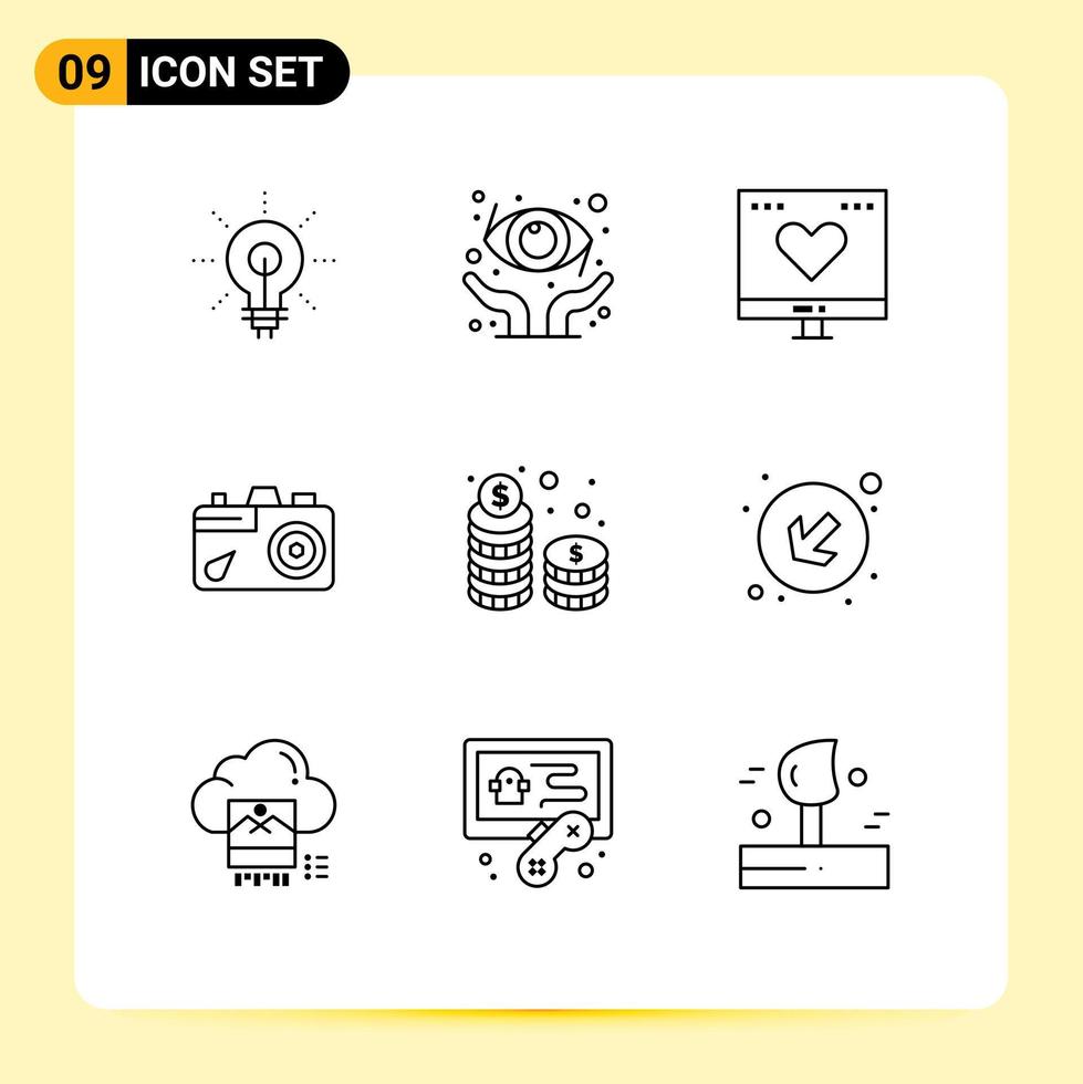 Stock Vector Icon Pack of 9 Line Signs and Symbols for coins image favorite education money Editable Vector Design Elements