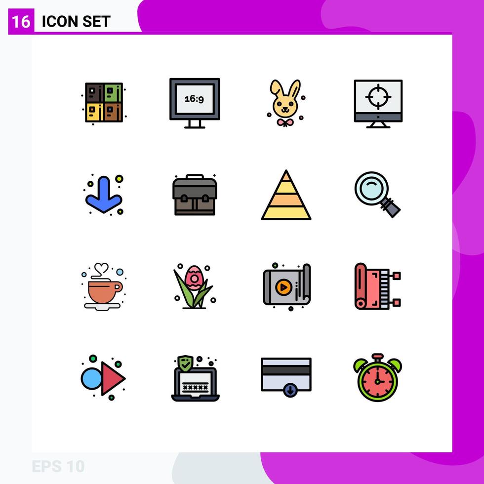 Group of 16 Flat Color Filled Lines Signs and Symbols for bag down easter arrow target Editable Creative Vector Design Elements