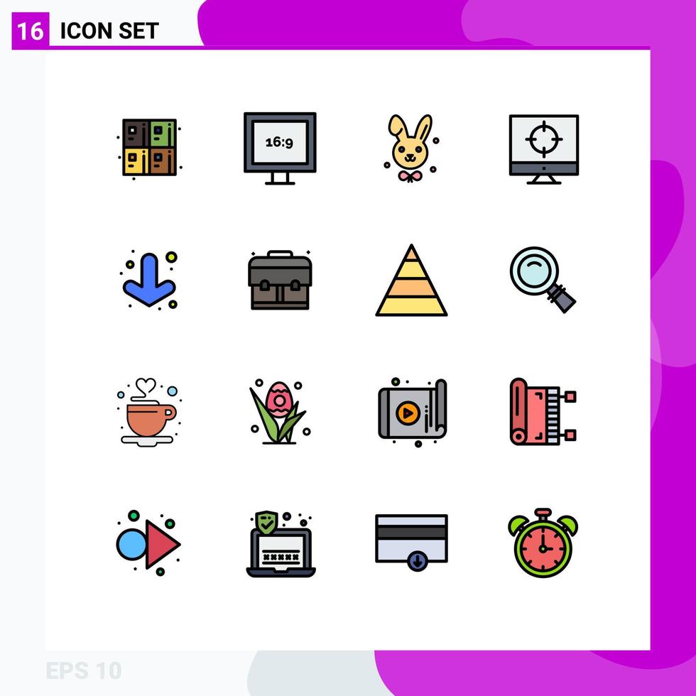 grupo de 16 líneas llenas de color plano, signos y símbolos para el objetivo de la flecha de Pascua hacia abajo, elementos de diseño de vectores creativos editables
