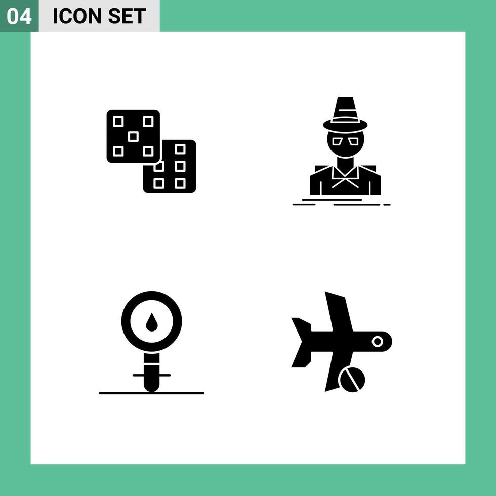 Group of 4 Solid Glyphs Signs and Symbols for dice biology detective spy chemistry Editable Vector Design Elements