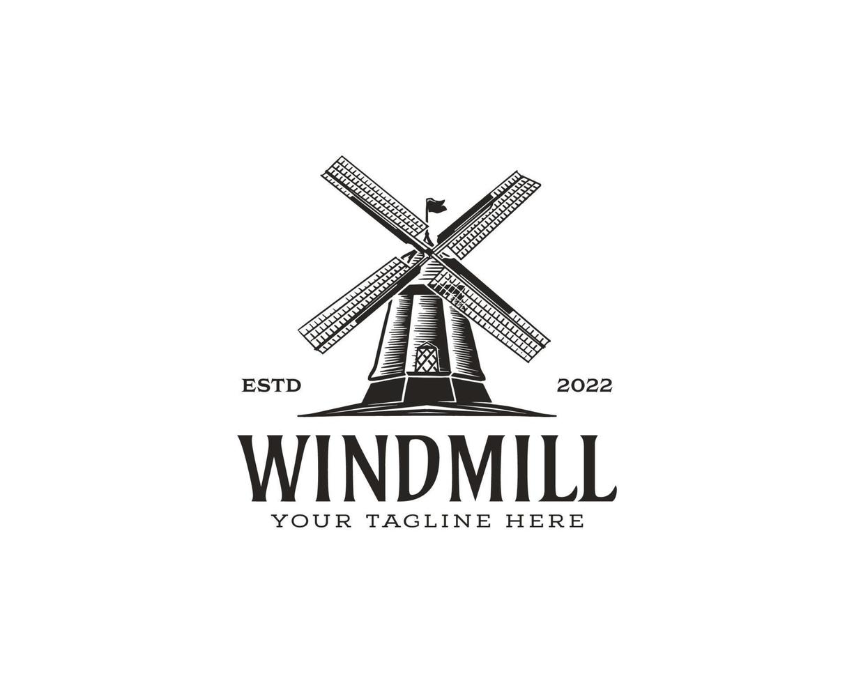 Ilustración de vector de logotipo de molino de viento rústico vintage. diseño de emblema de panadería