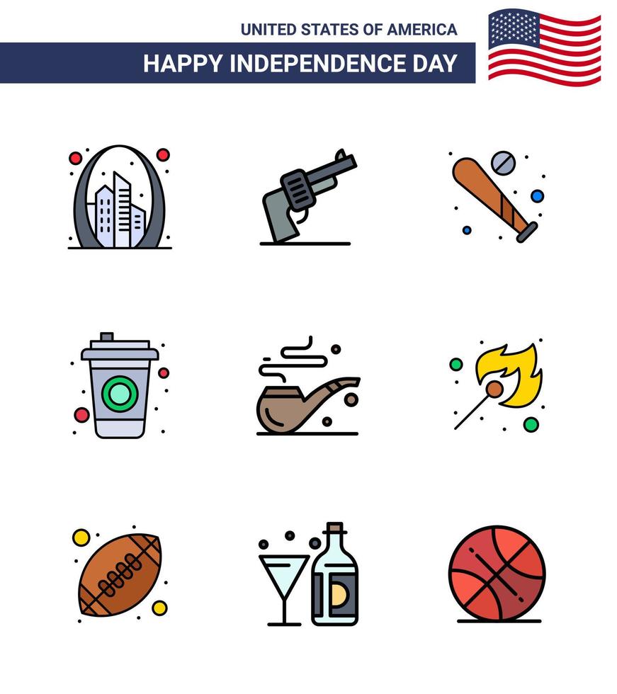 Pack of 9 creative USA Independence Day related Flat Filled Lines of pipe cola american bottle sports Editable USA Day Vector Design Elements