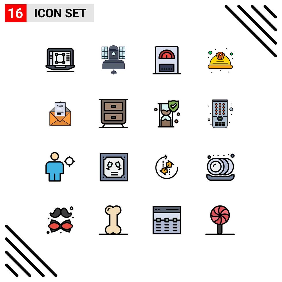 Modern Set of 16 Flat Color Filled Lines Pictograph of safety labor communication helmet bath Editable Creative Vector Design Elements