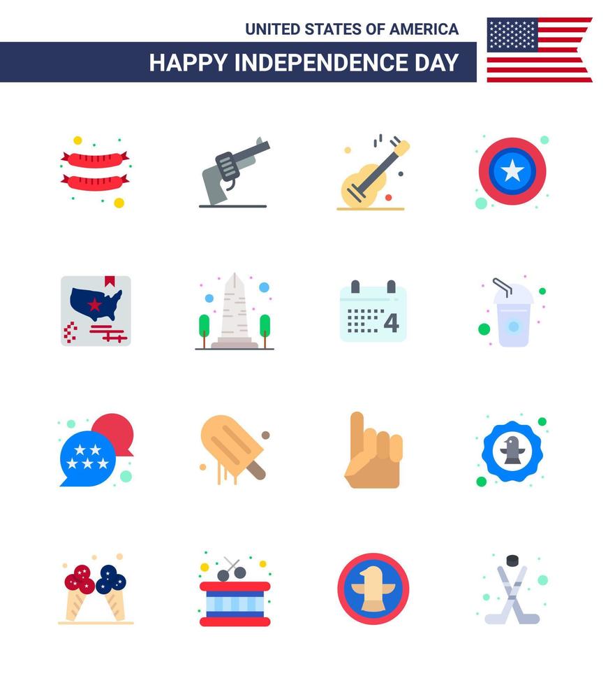 conjunto moderno de 16 pisos y símbolos en el día de la independencia de estados unidos, como el mapa de la música americana, la policía, los elementos de diseño vectorial editables del día de estados unidos vector