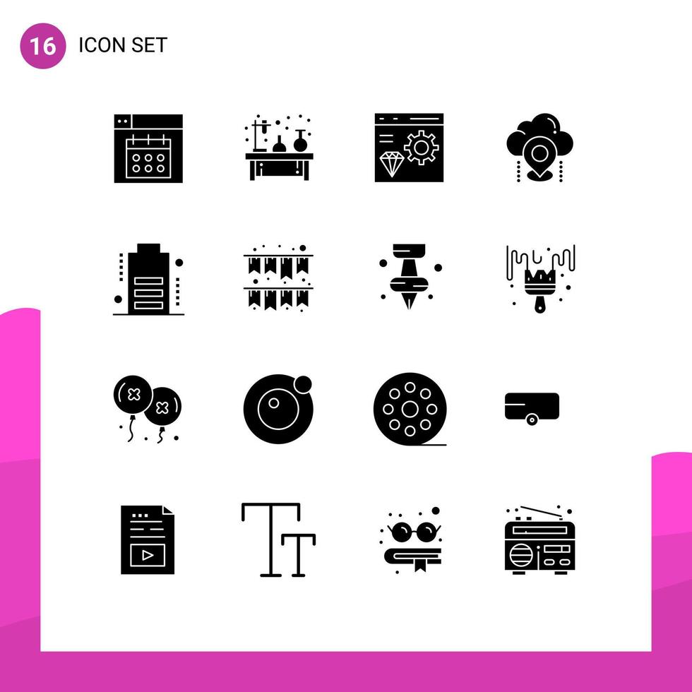 Mobile Interface Solid Glyph Set of 16 Pictograms of map pin lamp location develop Editable Vector Design Elements
