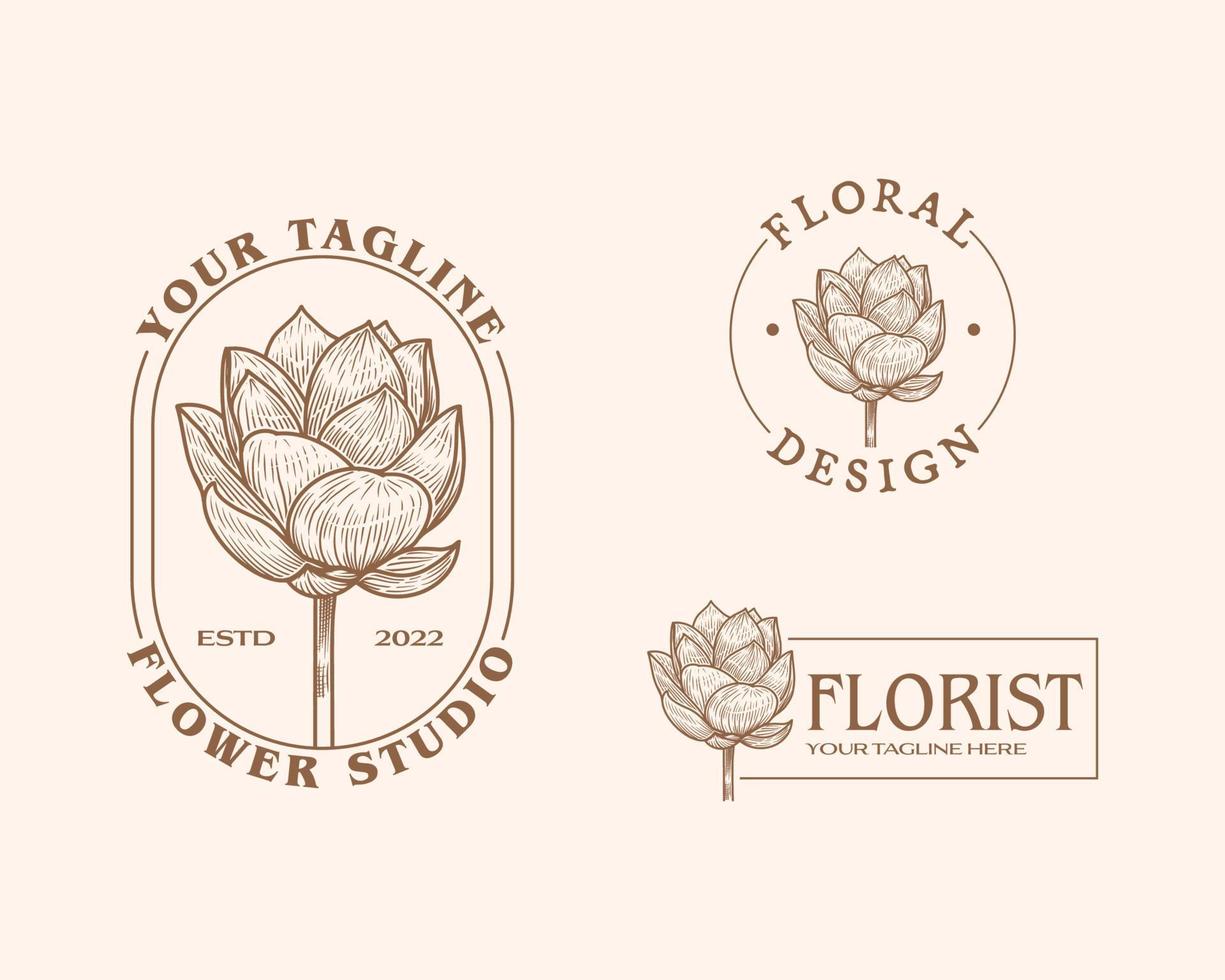 Abstract Flowers Vector Signs or Logo Templates. Retro Floral Illustration with Classy Typography. Feminine Logo