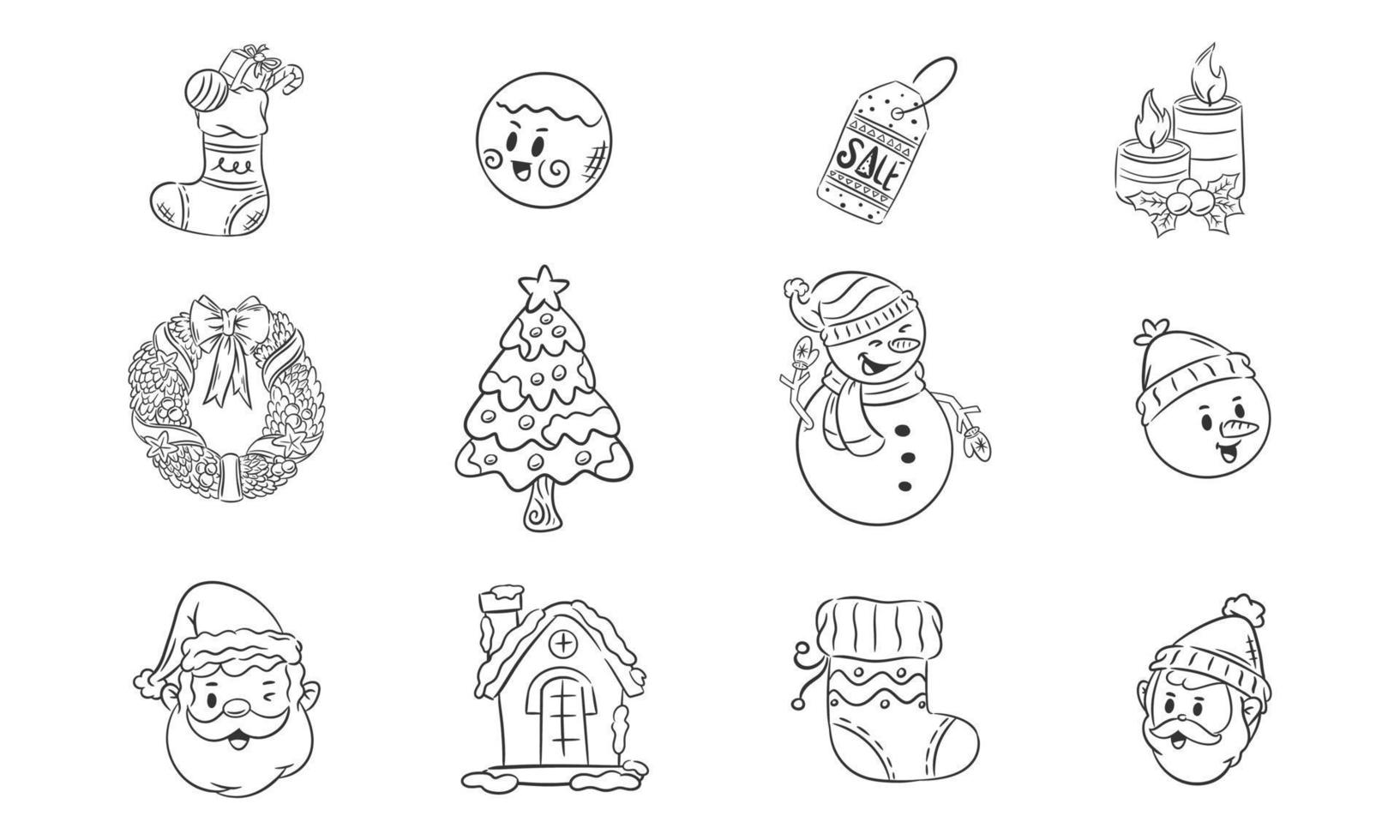 Christmas icons new year decoration hand drawn for coloring vector