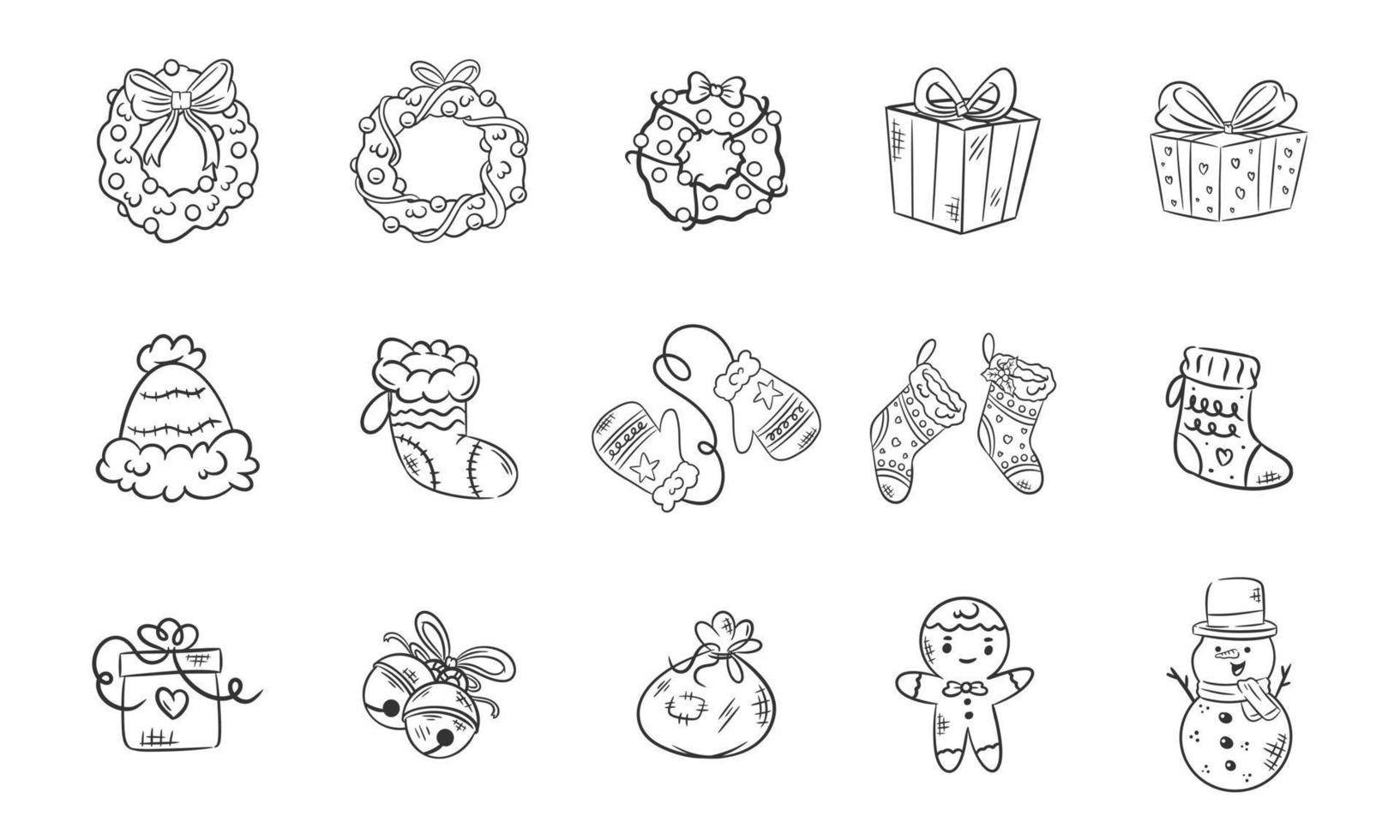 iconos de navidad decoración de año nuevo dibujado a mano para colorear vector