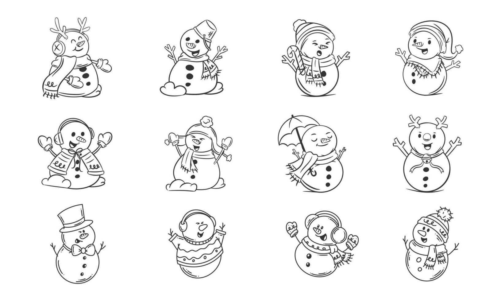 Pack of snowmen with scarf and hats hand drawn coloring vector