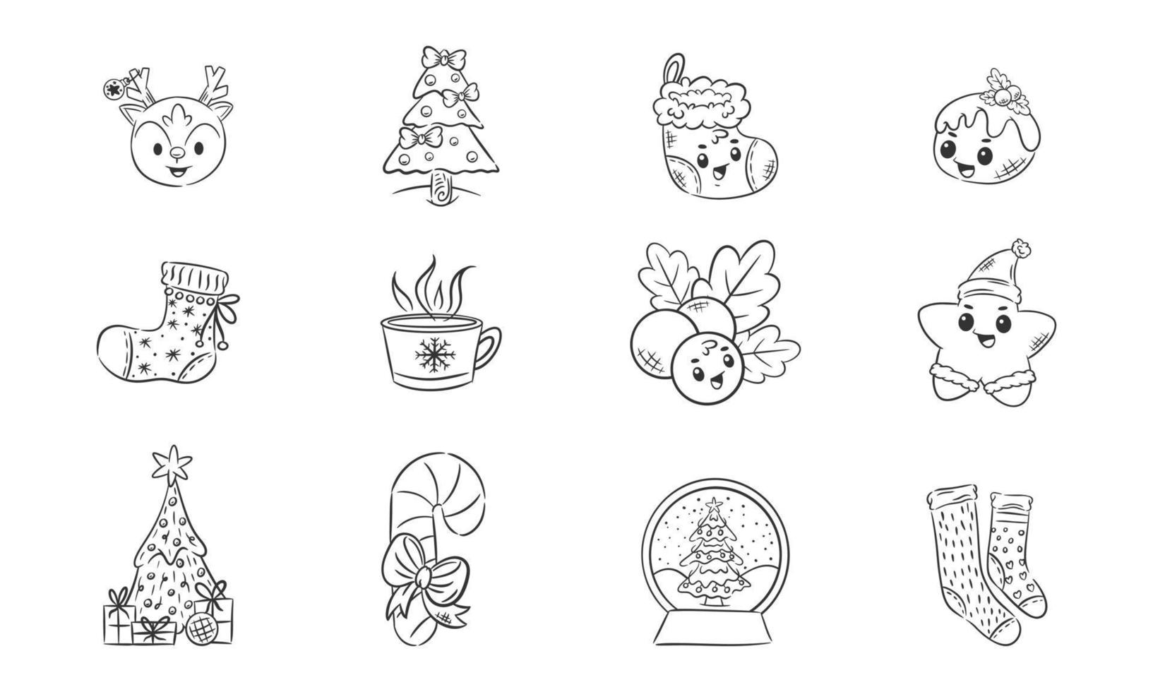 Christmas icons decoration hand drawn for coloring vector