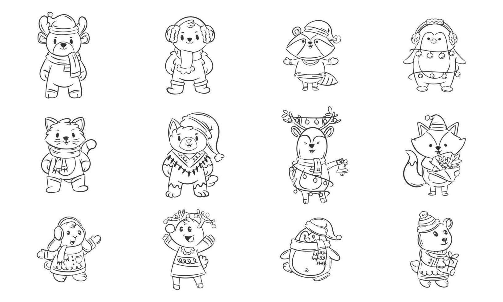 Cute animal with scarf and hats hand drawn coloring vector