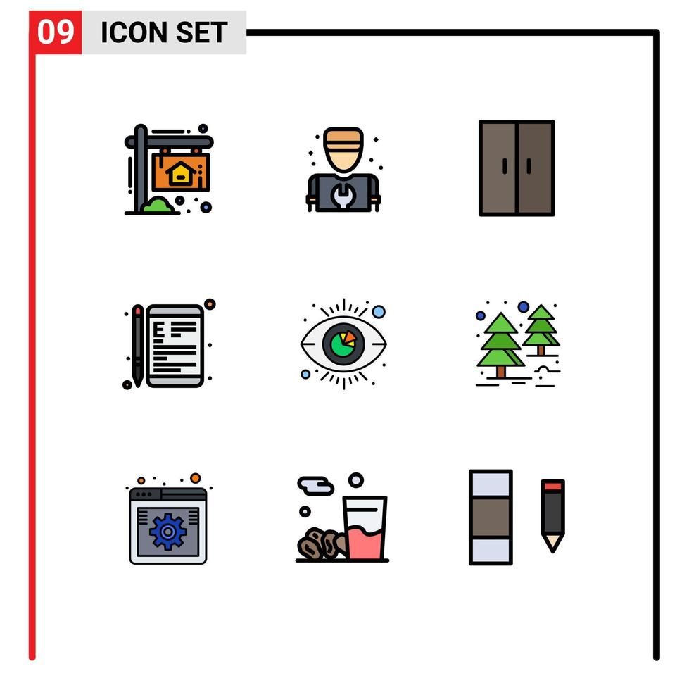 Paquete de color plano de 9 líneas de relleno de interfaz de usuario de signos y símbolos modernos de muebles de aprendizaje escolar y elementos de diseño de vectores editables en línea