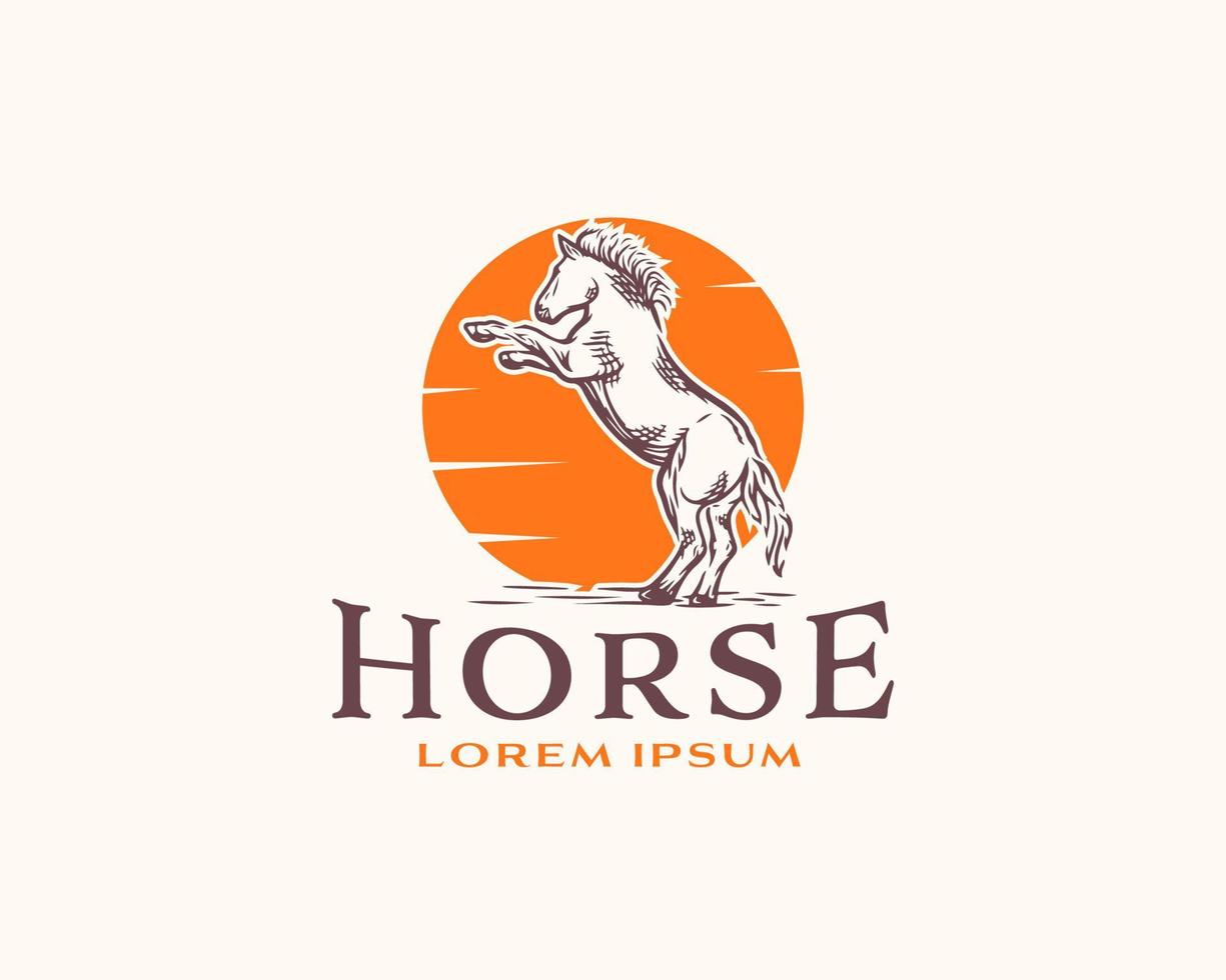 logotipo de caballo de pie sobre fondo de puesta de sol naranja vector