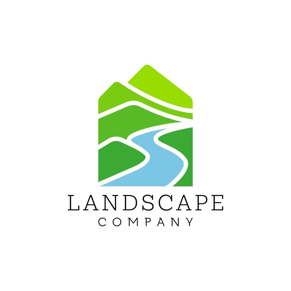 Green mountain and creek landscape logo design template vector