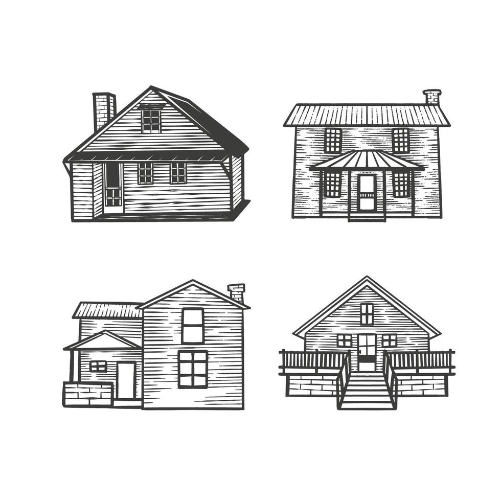 retro hand drawn house cabin vector illustration set
