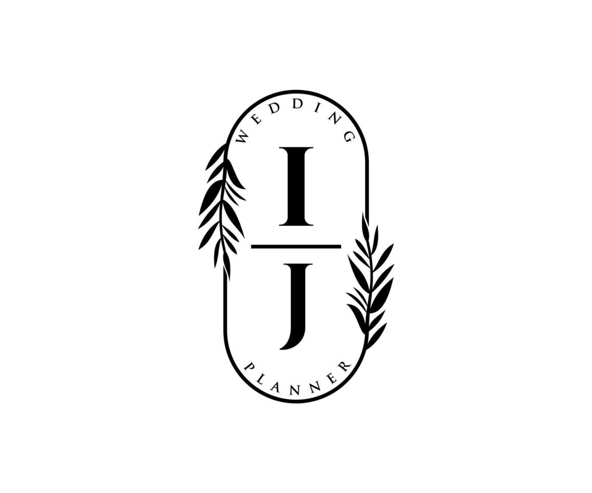 Colección de logotipos de monograma de boda con letras iniciales ij, plantillas florales y minimalistas modernas dibujadas a mano para tarjetas de invitación, guardar la fecha, identidad elegante para restaurante, boutique, café en vector