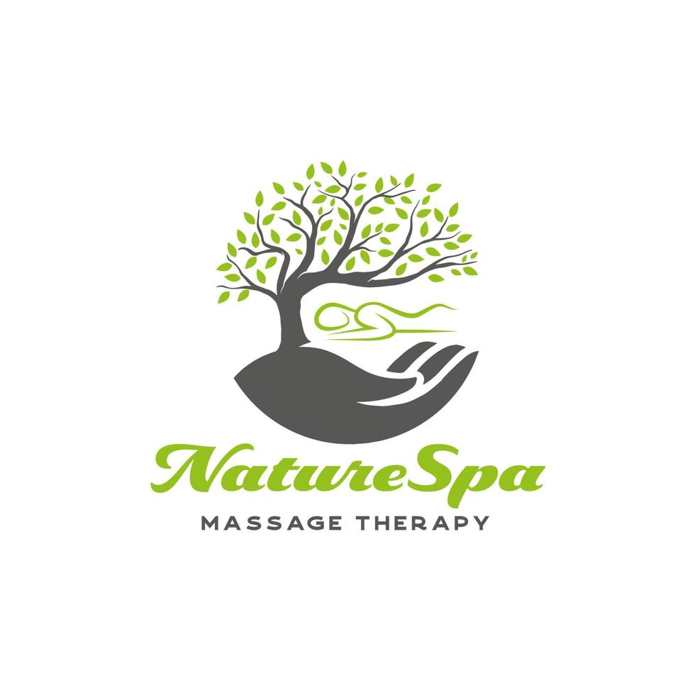 Nature Spa massage therapy logo. tree and hand care spa design template vector