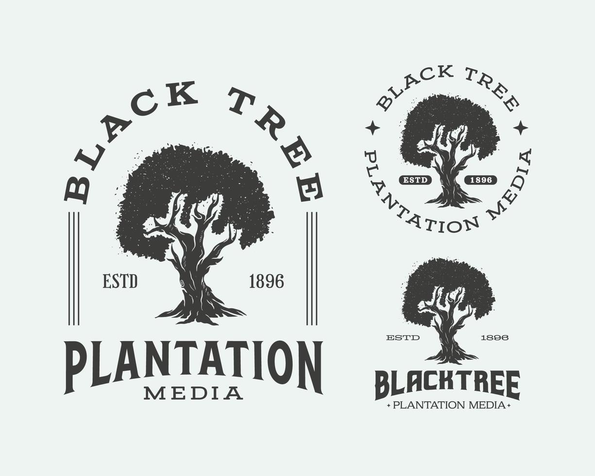 logotipo de los medios de plantación de árboles negros. plantillas de diseño de logotipo de emblema de silueta de árbol vector