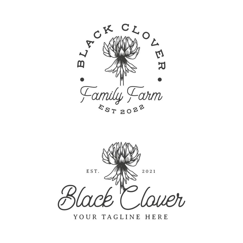 Vintage hand drawn black clover logo design template vector